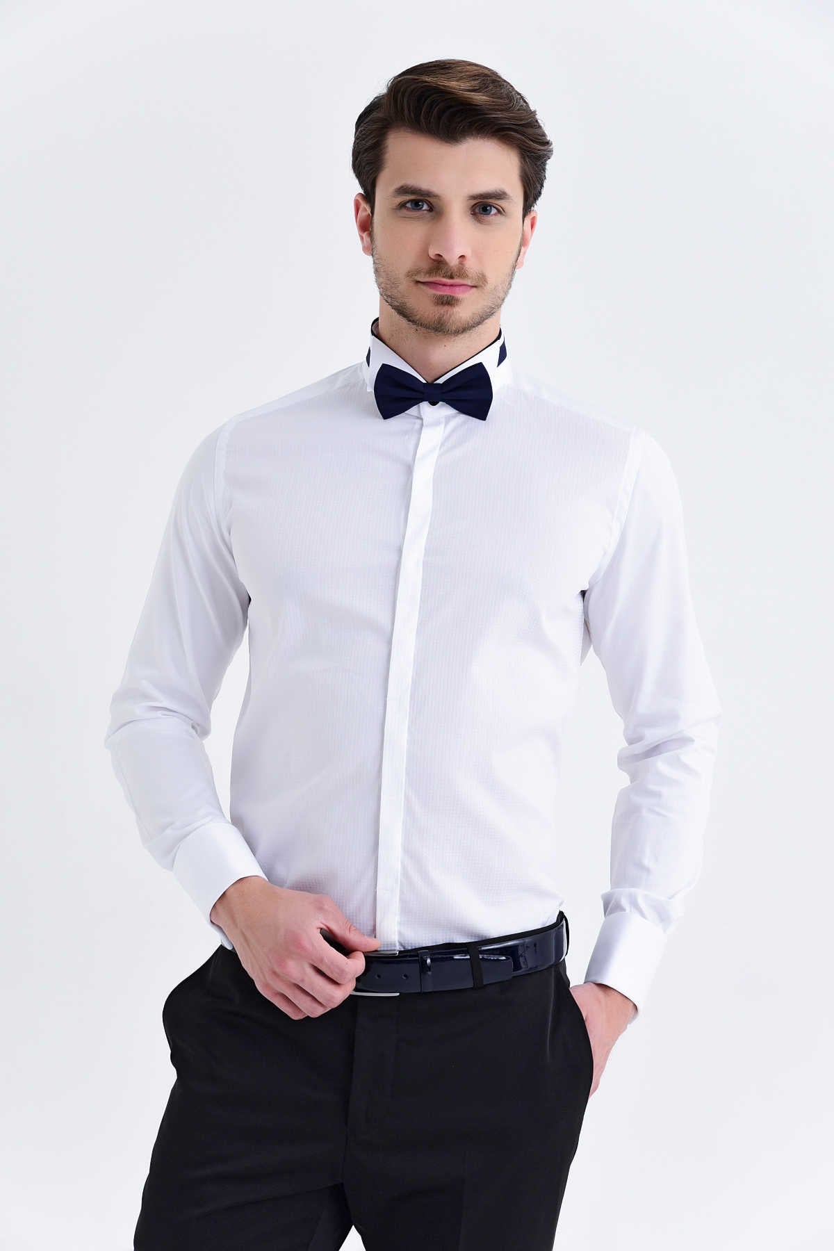 Slim Fit French Cuff Cotton White Tuxedo Shirt - MIB