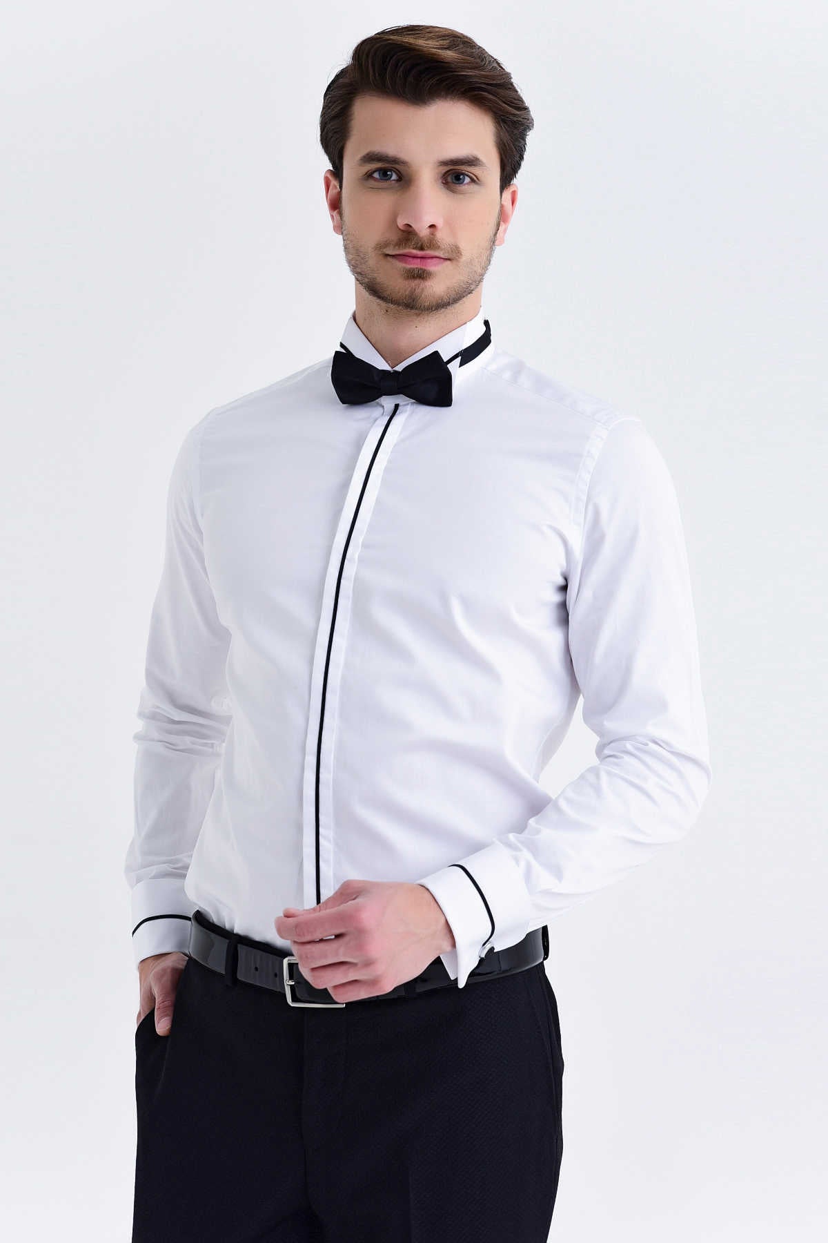 Slim Fit French Cuff Wing Tip Cotton White Tuxedo Shirt