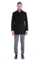 Slim Fit Funnel Stand Collar Black Wool Blend Overcoat