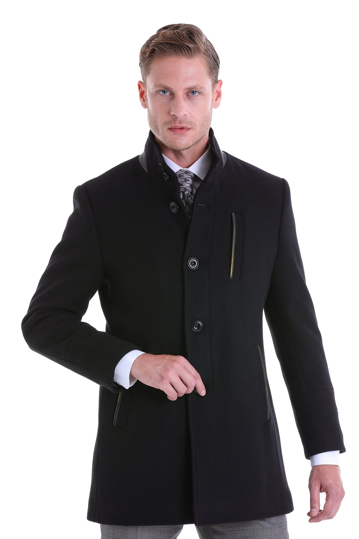 Slim Fit Funnel Stand Collar Black Wool Blend Overcoat