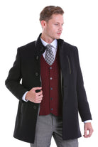 Slim Fit Funnel Stand Collar Black Wool Blend Overcoat