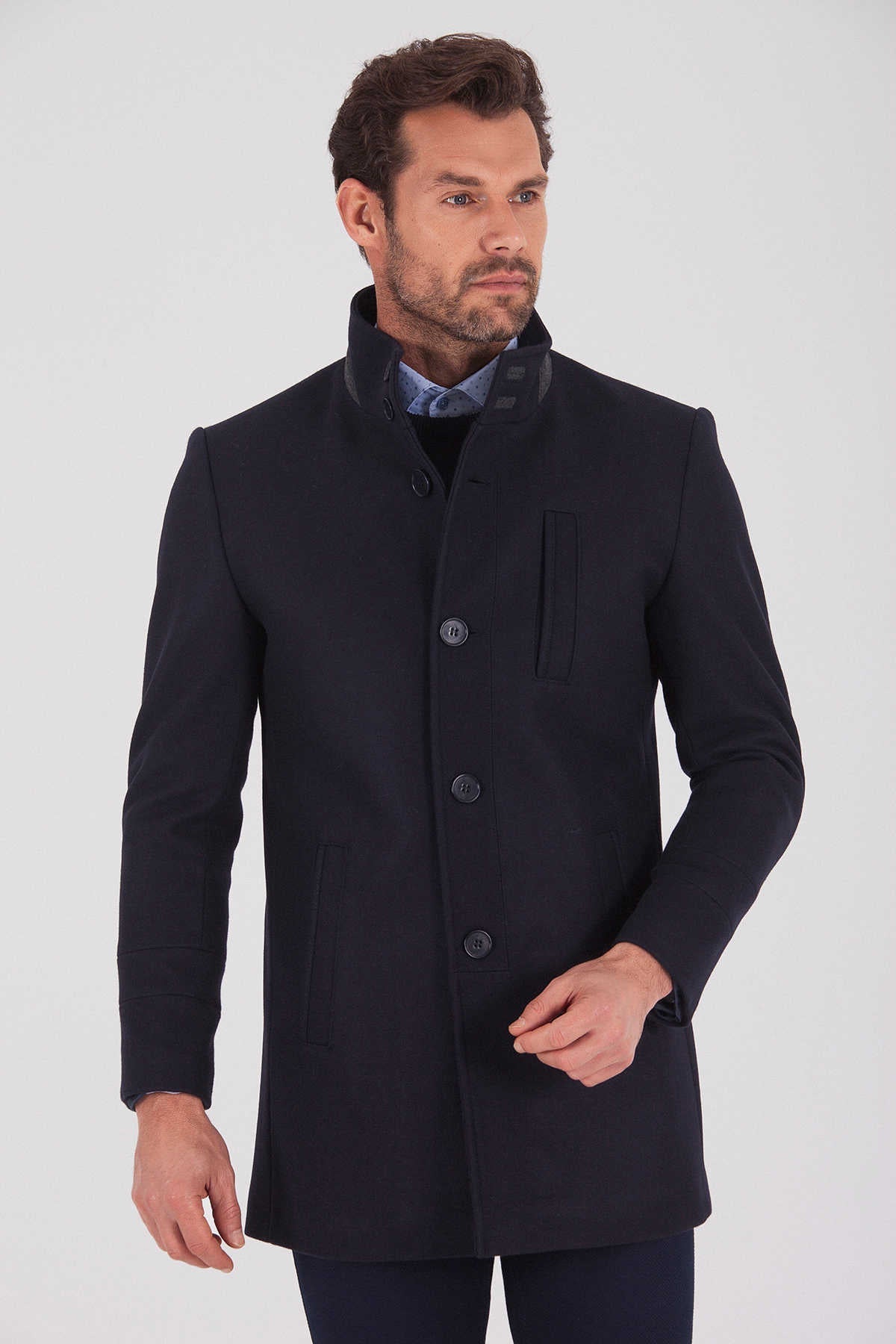 Slim Fit Funnel Stand Collar Light Navy Wool Blend Overcoat