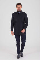 Slim Fit Funnel Stand Collar Light Navy Wool Blend Overcoat