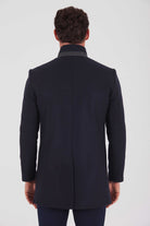 Slim Fit Funnel Stand Collar Light Navy Wool Blend Overcoat