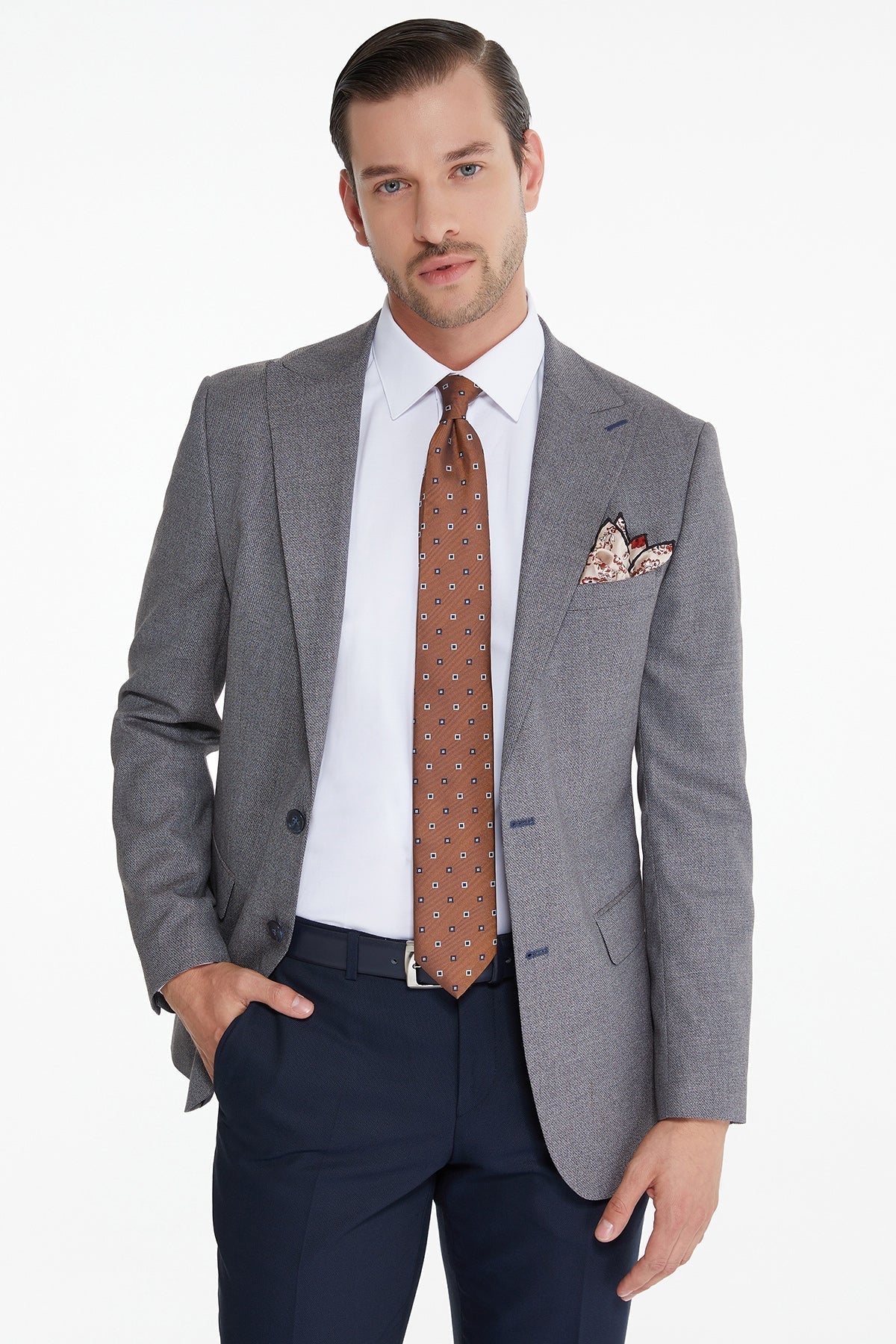 Slim Fit Gray - Burgundy Peak Lapel Wool Blend Casual Suit