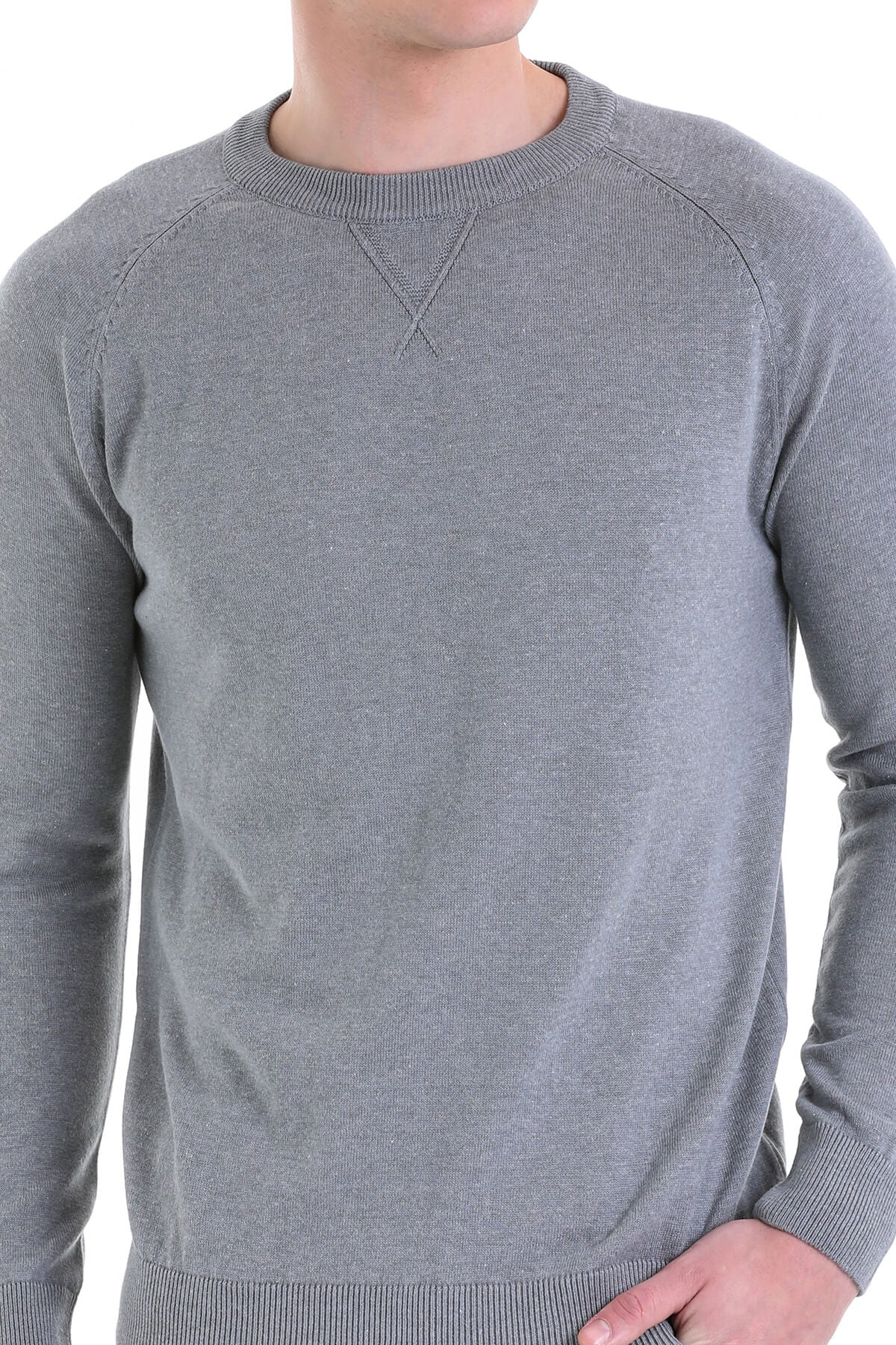 Slim Fit Gray Cotton Blend Crewneck Sweater - SAYKI