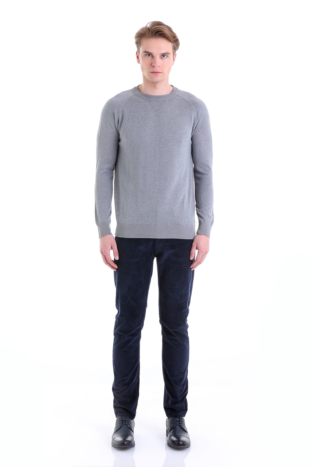 Slim Fit Gray Cotton Blend Crewneck Sweater - SAYKI