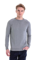 Slim Fit Gray Cotton Blend Crewneck Sweater - SAYKI