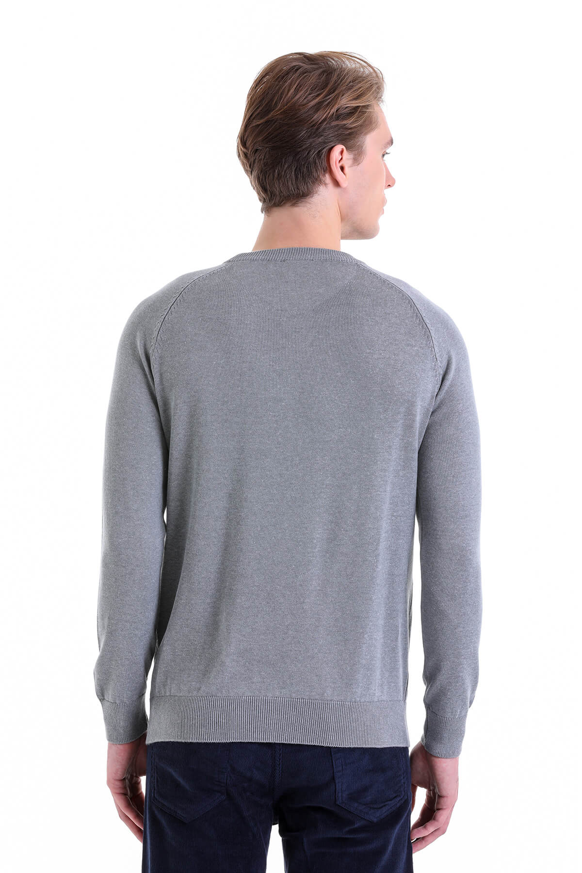 Slim Fit Gray Cotton Blend Crewneck Sweater - SAYKI