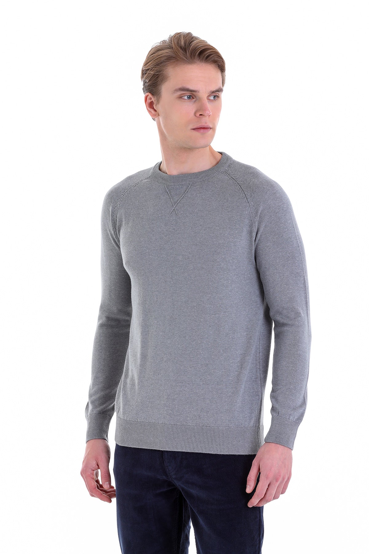 Slim Fit Gray Cotton Blend Crewneck Sweater - SAYKI