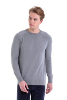 Slim Fit Gray Cotton Blend Crewneck Sweater - SAYKI