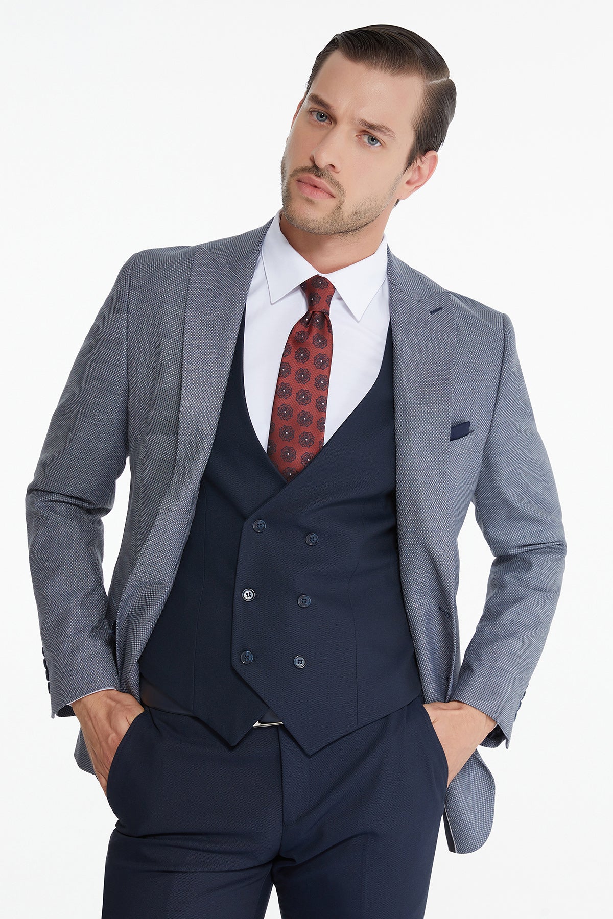 Slim Fit Gray - Navy Wool Blend Casual Suit with Vest - MIB