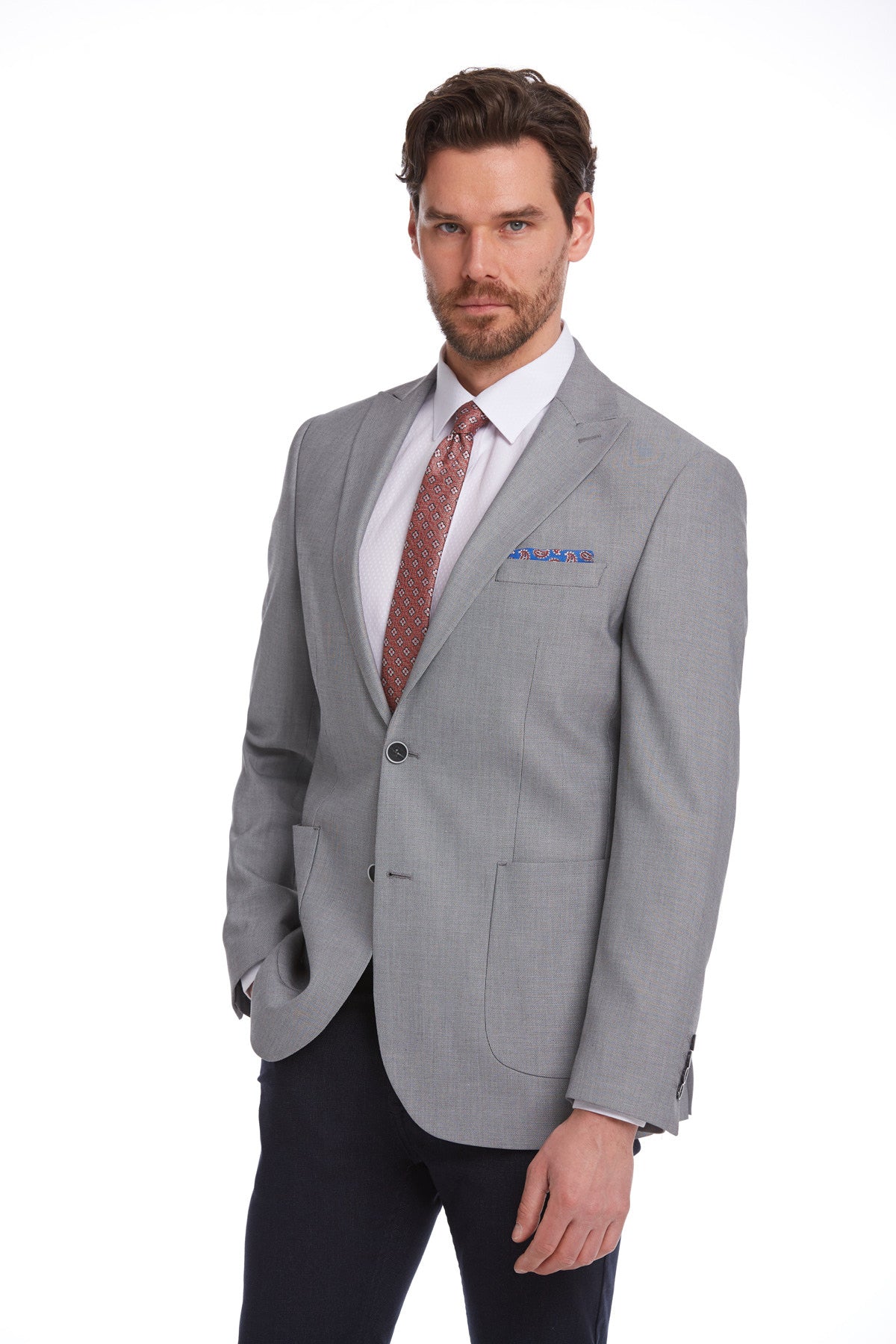 Slim Fit Gray Peak Lapel Casual Blazer - SAYKI