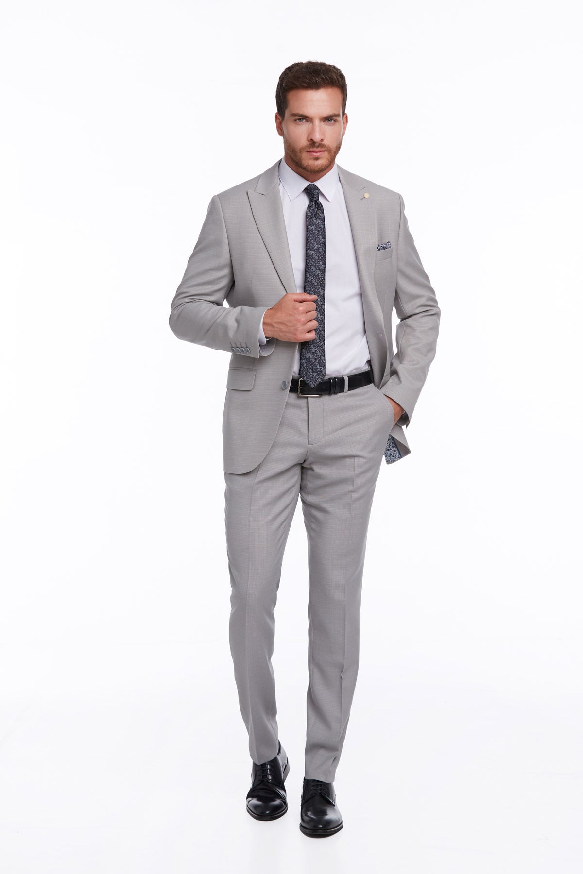 Slim Fit Gray Peak Lapel Classic Suit - MIB