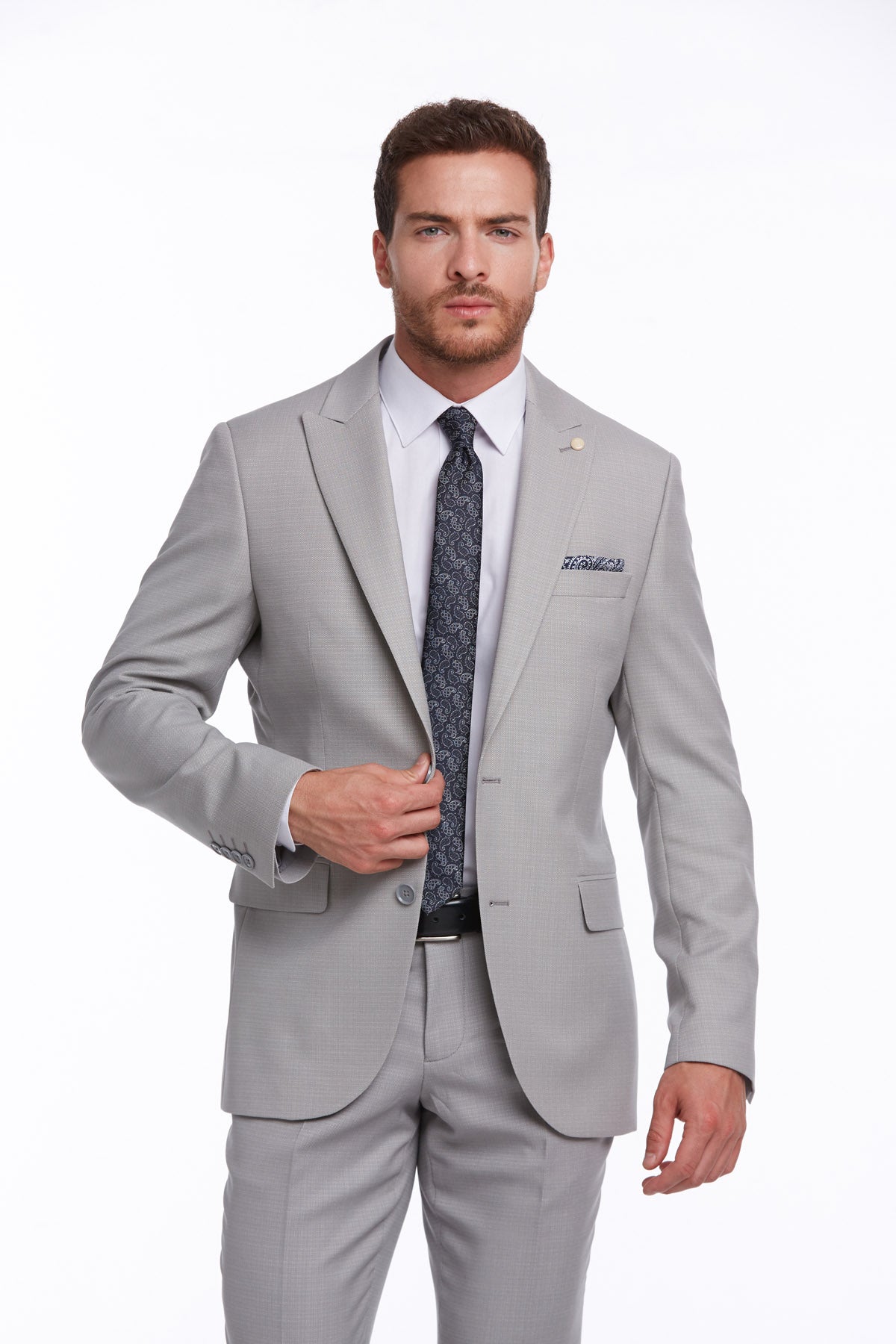 Slim Fit Gray Peak Lapel Classic Suit - MIB