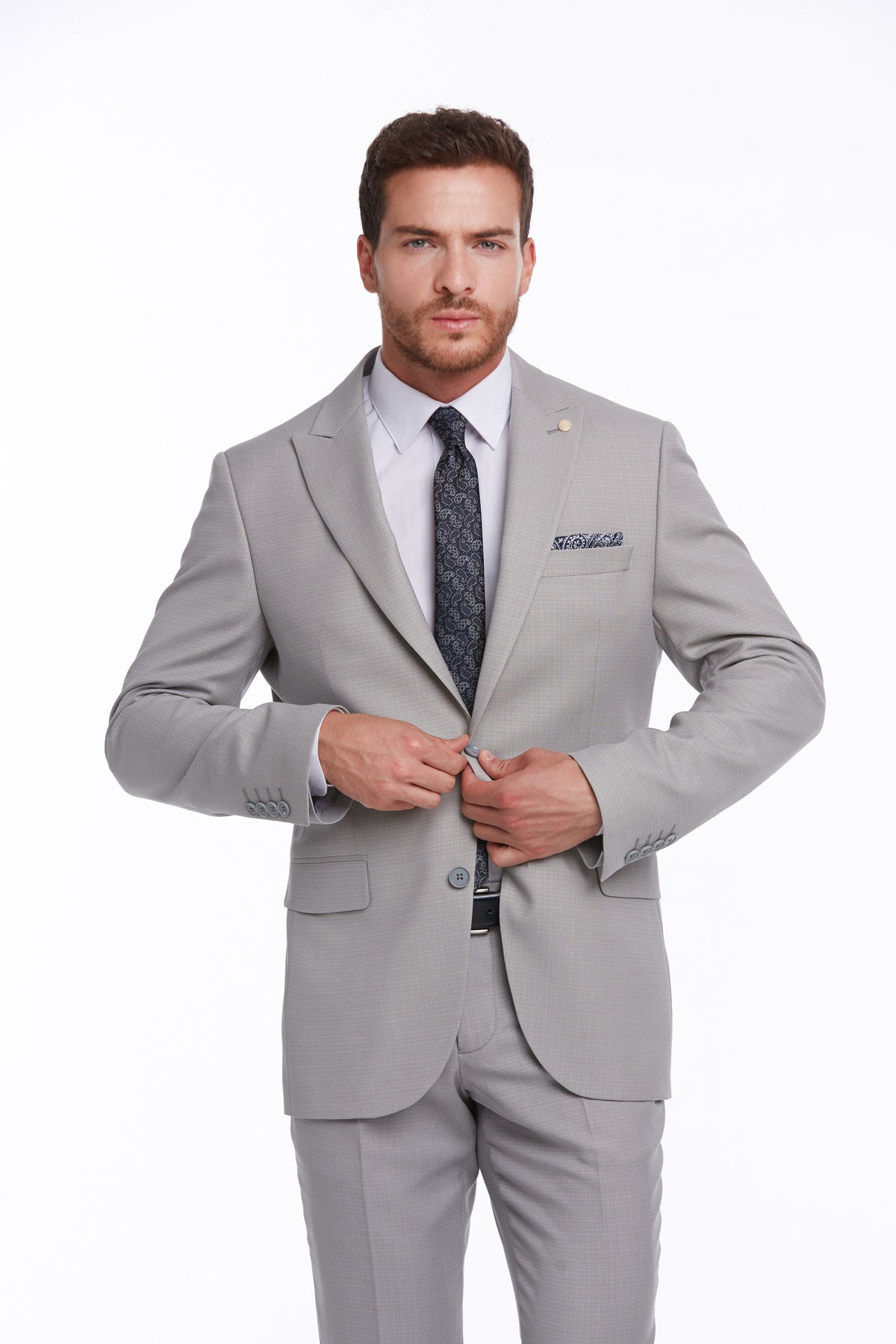 Slim Fit Gray Peak Lapel Classic Suit - MIB