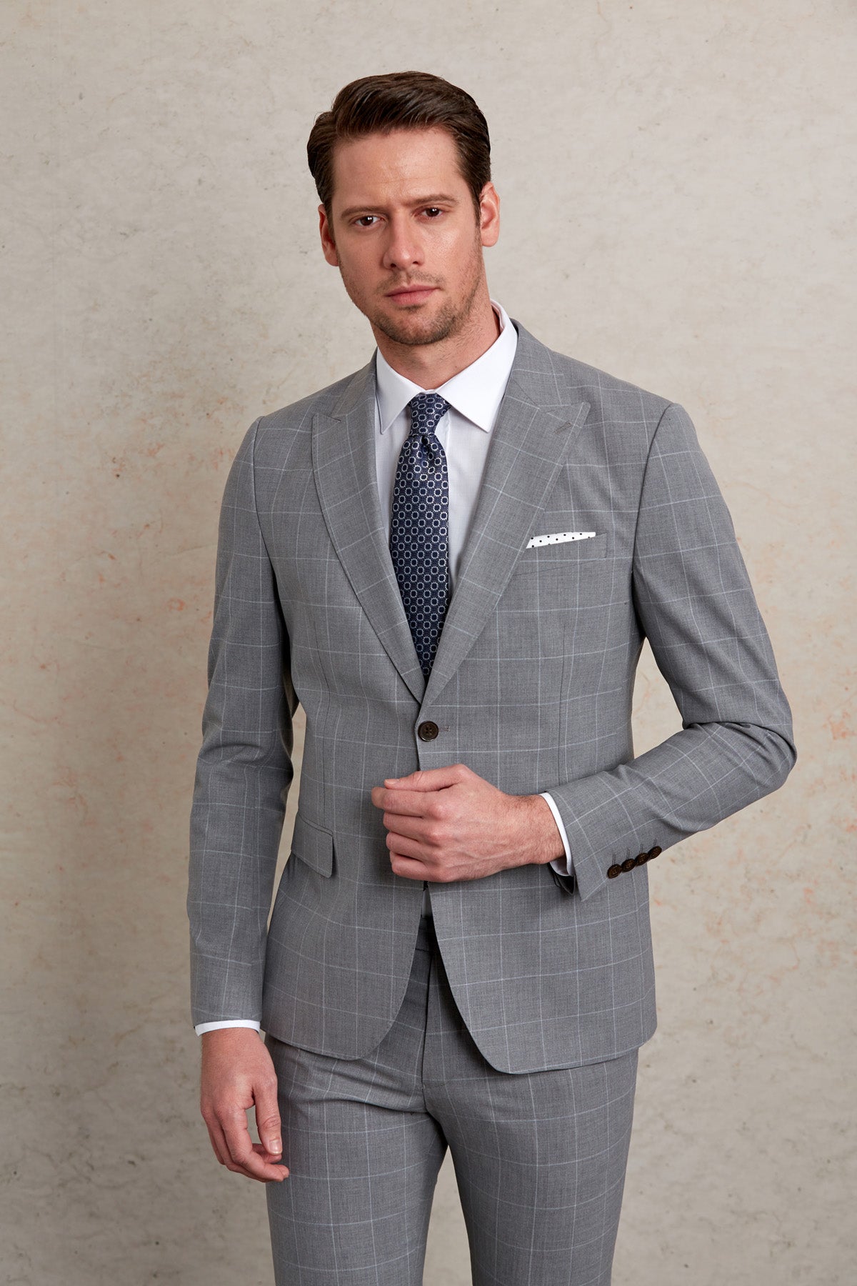 Slim Fit Gray Peak Lapel Windowpane Wool Blend Classic Suit