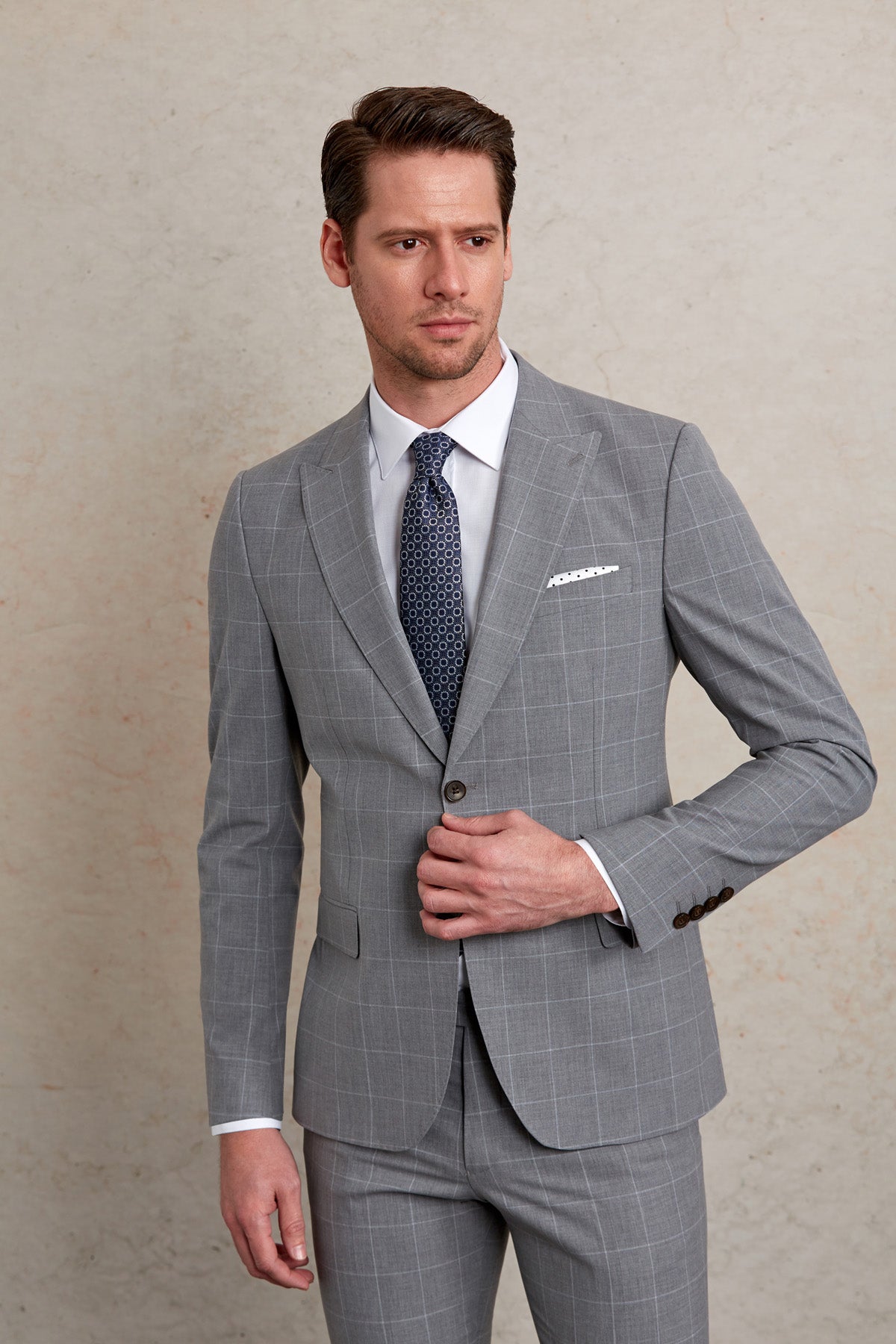 Slim Fit Gray Peak Lapel Windowpane Wool Blend Classic Suit