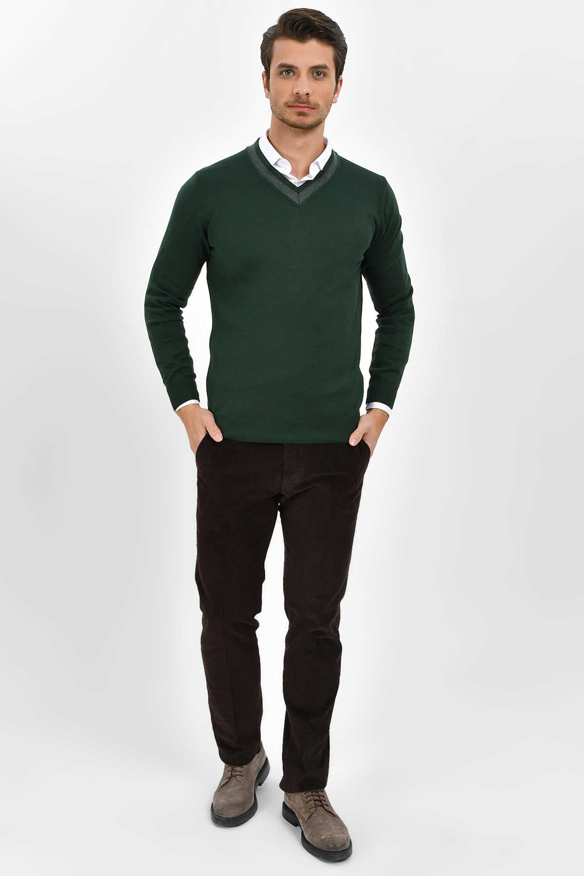 Slim Fit Green Cotton Blend V-Neck Sweater - SAYKI