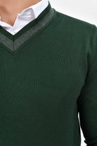 Slim Fit Green Cotton Blend V-Neck Sweater - SAYKI