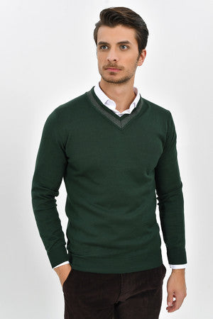 Slim Fit Green Cotton Blend V-Neck Sweater - SAYKI