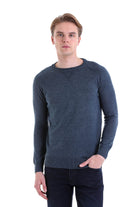 Slim Fit Indigo Cotton Blend Crewneck Sweater - SAYKI