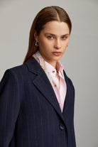 Slim Fit Isabella Striped Notch Lapel Navy Coat - MIB