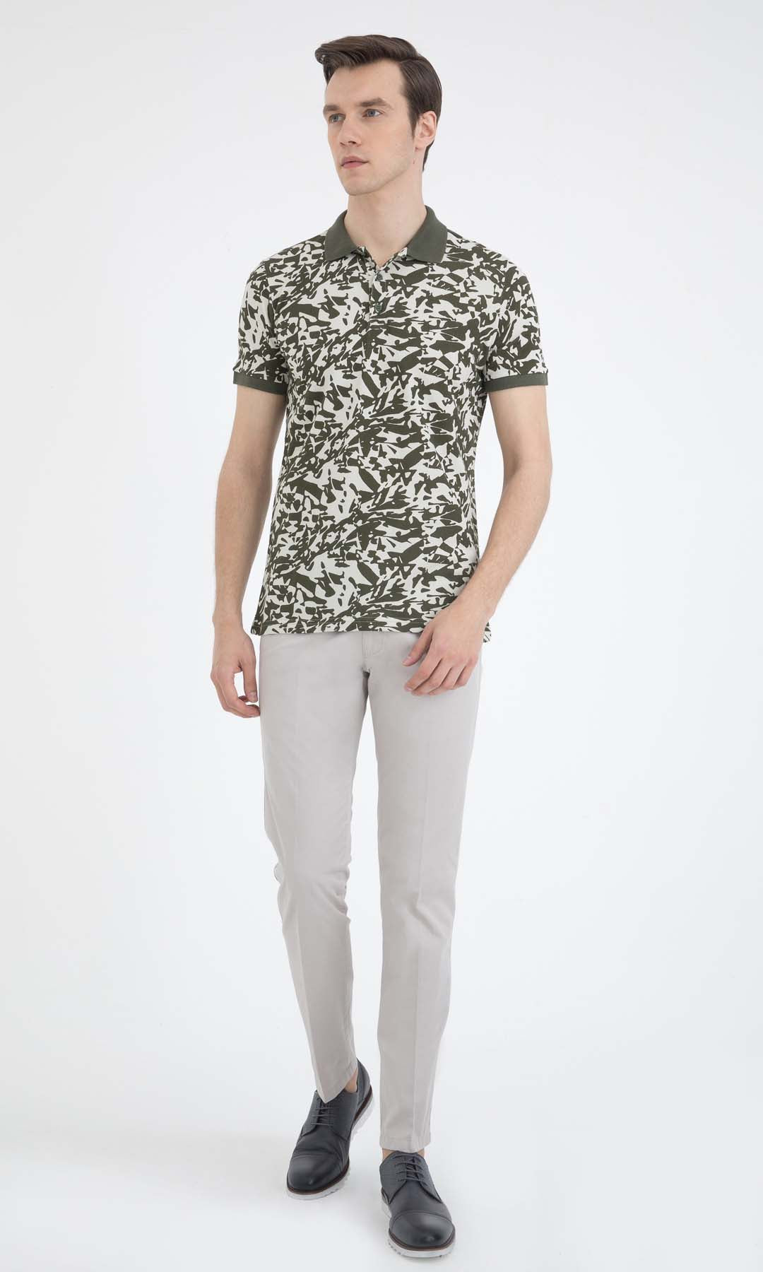 Slim Fit Khaki - Beige Printed Cotton Polo T-Shirt - MIB