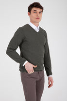 Slim Fit Khaki Cotton Blend V-Neck Sweater - SAYKI