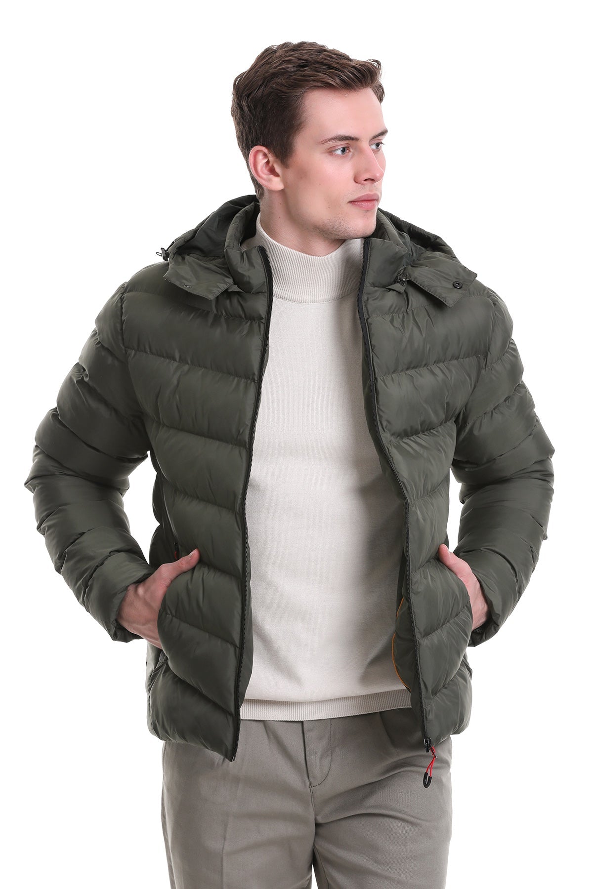 Slim Fit Khaki Hooded Stand Collar Coat - SAYKI