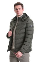 Slim Fit Khaki Hooded Stand Collar Coat - SAYKI