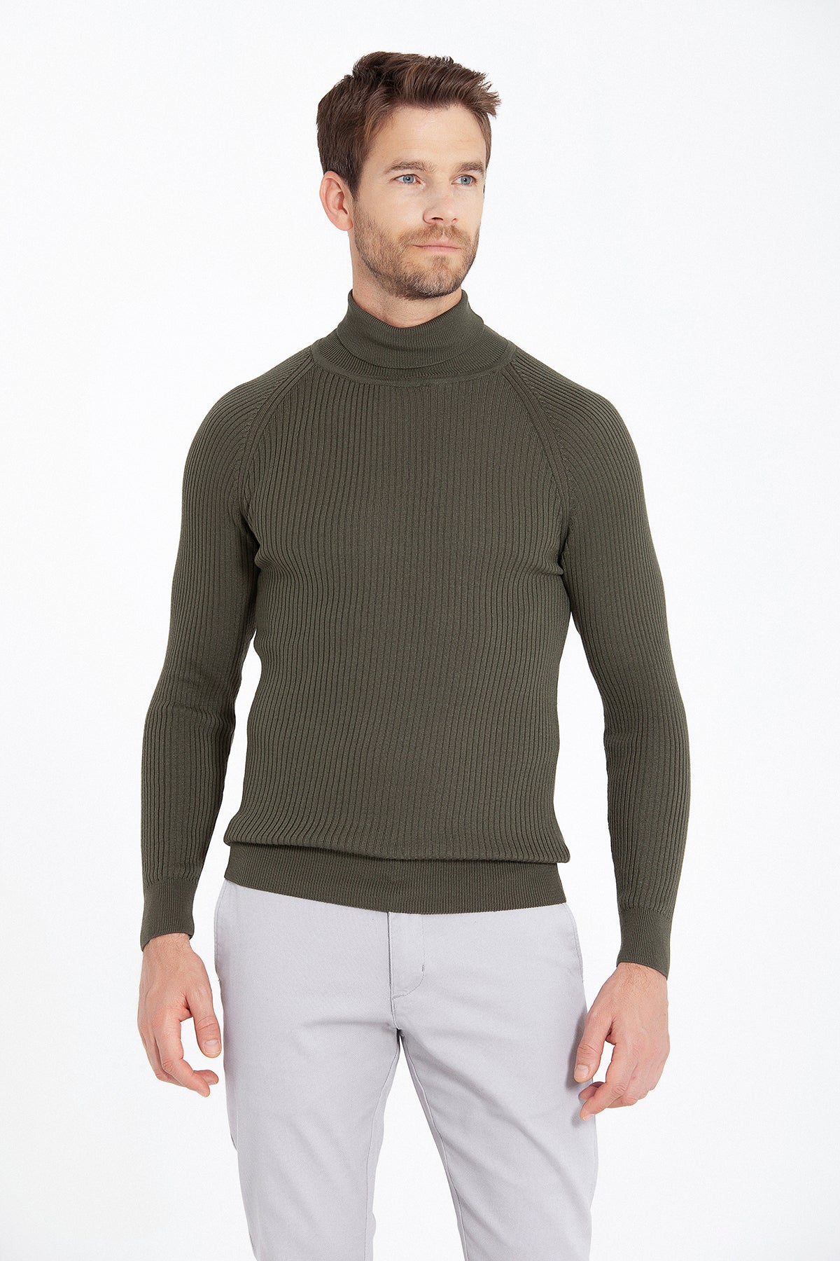 Slim Fit Khaki Turtleneck Sweater - SAYKI