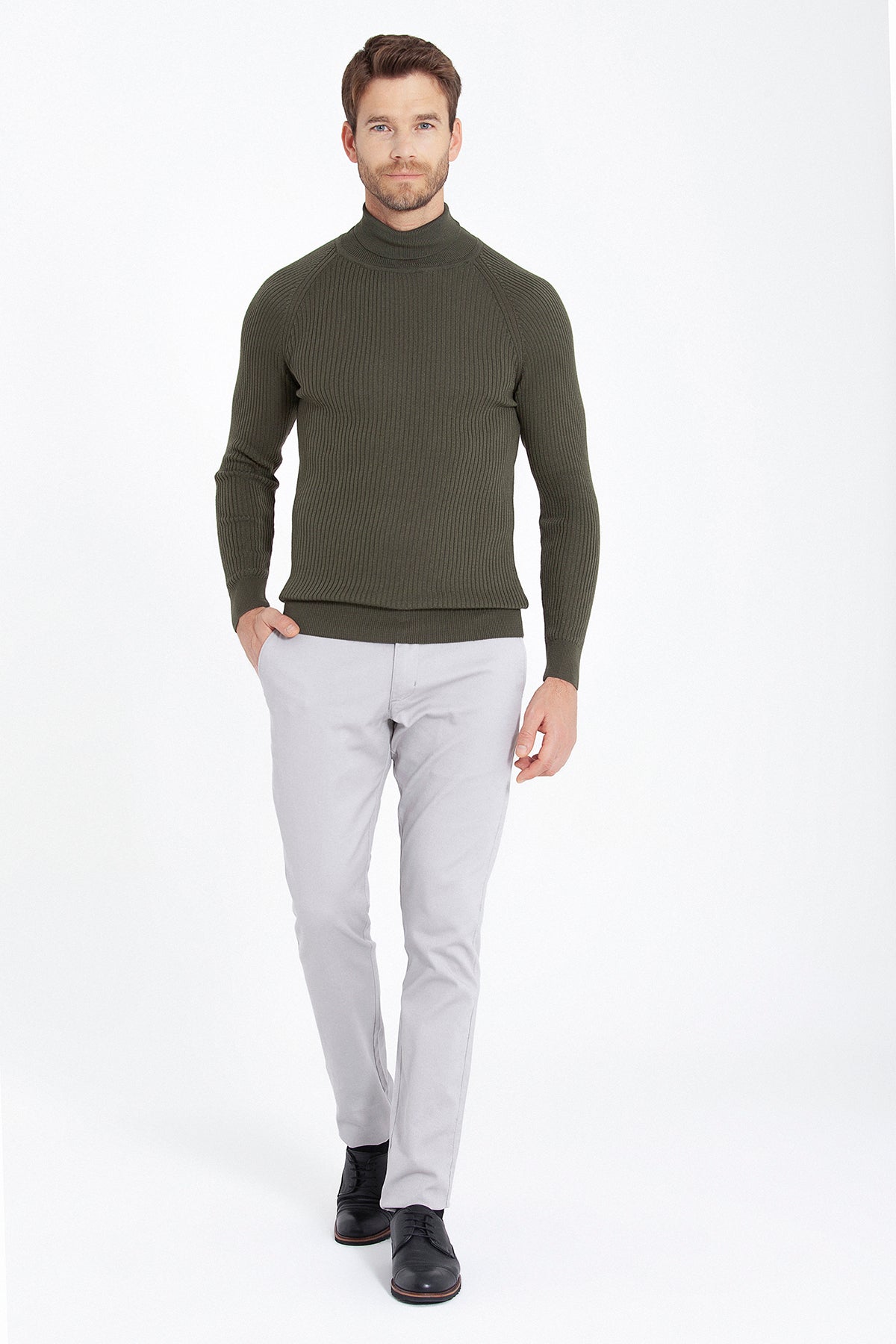 Slim Fit Khaki Turtleneck Sweater - SAYKI