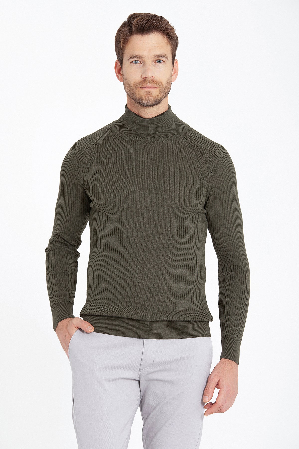 Slim Fit Khaki Turtleneck Sweater - SAYKI