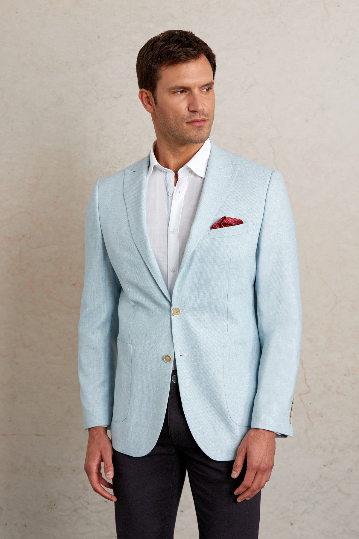 Slim Fit Light Blue Peak Lapel Casual Blazer - SAYKI