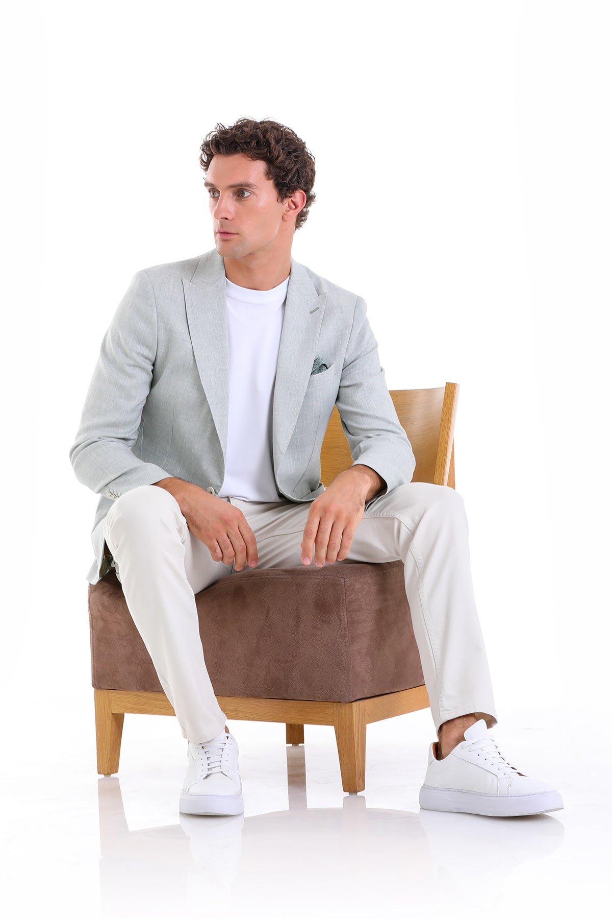 Slim Fit Light Green Peak Lapel Linen Casual Blazer - SAYKI