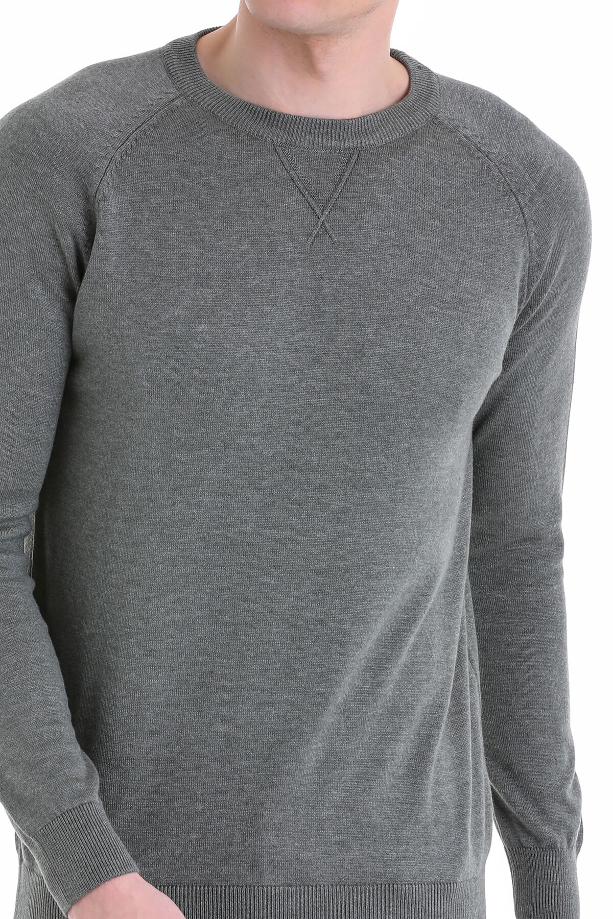 Slim Fit Light Khaki Cotton Blend Crewneck Sweater - SAYKI