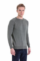 Slim Fit Light Khaki Cotton Blend Crewneck Sweater - SAYKI