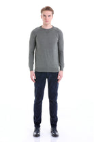 Slim Fit Light Khaki Cotton Blend Crewneck Sweater - SAYKI