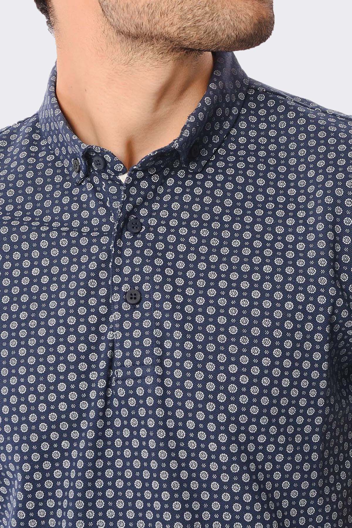 Slim Fit Light Navy - Stone Printed Cotton Polo T-Shirt