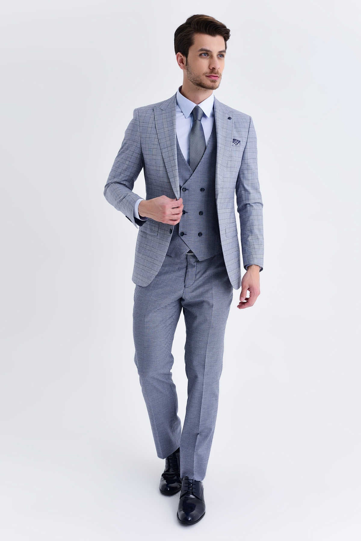 Slim Fit Light Navy Wool & Cotton Casual Suit with Vest