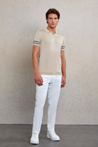 Slim Fit Linen V-Neck Polo T-Shirt - MIB