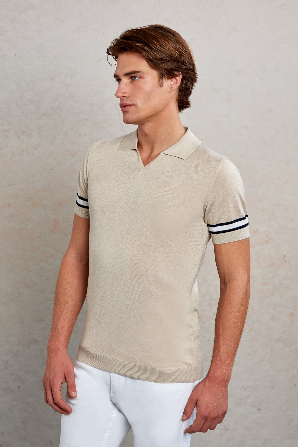 Slim Fit Linen V-Neck Polo T-Shirt - MIB