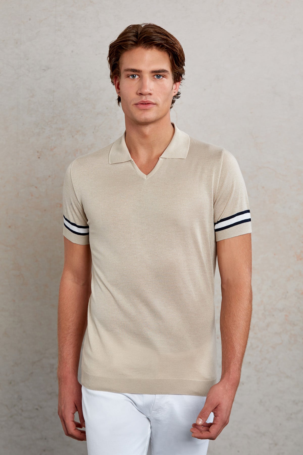 Slim Fit Linen V-Neck Polo T-Shirt - MIB