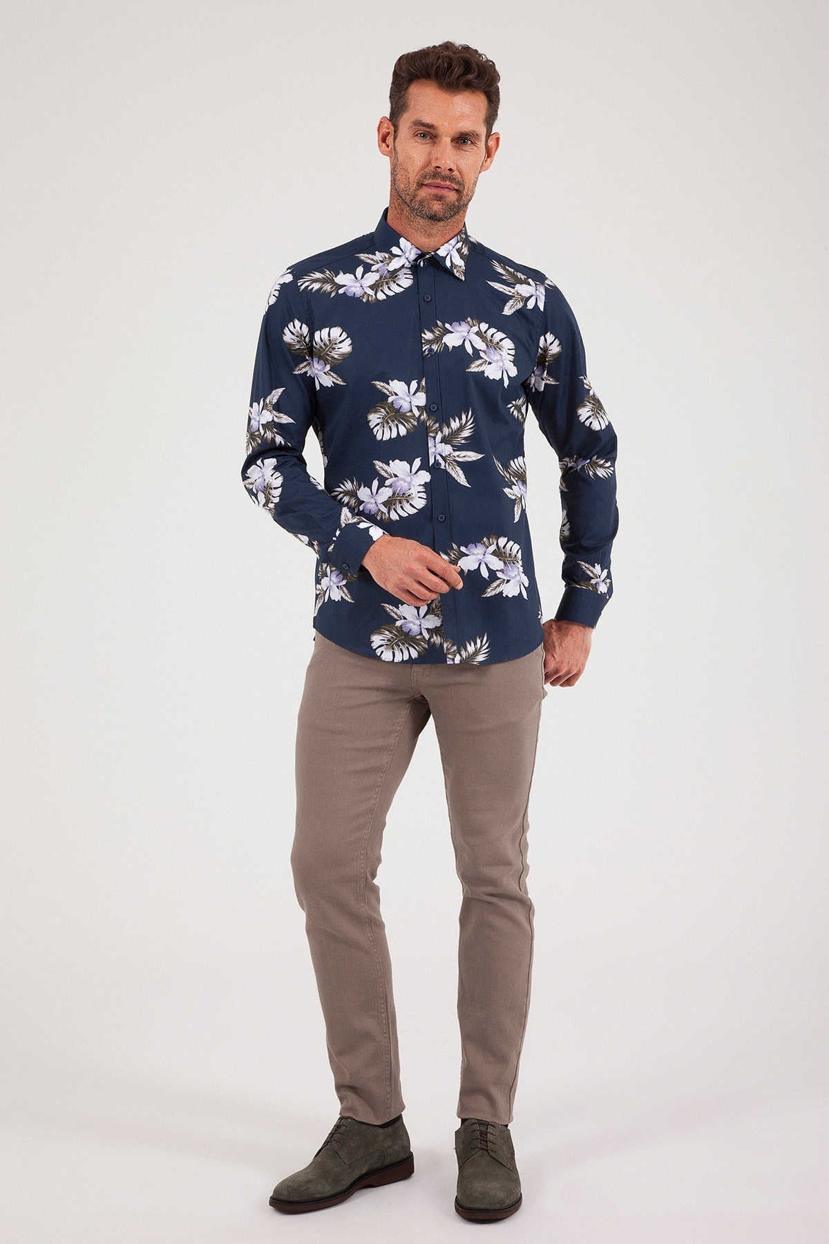 Slim Fit Long Sleeve 100% Cotton Floral Navy Casual Shirt