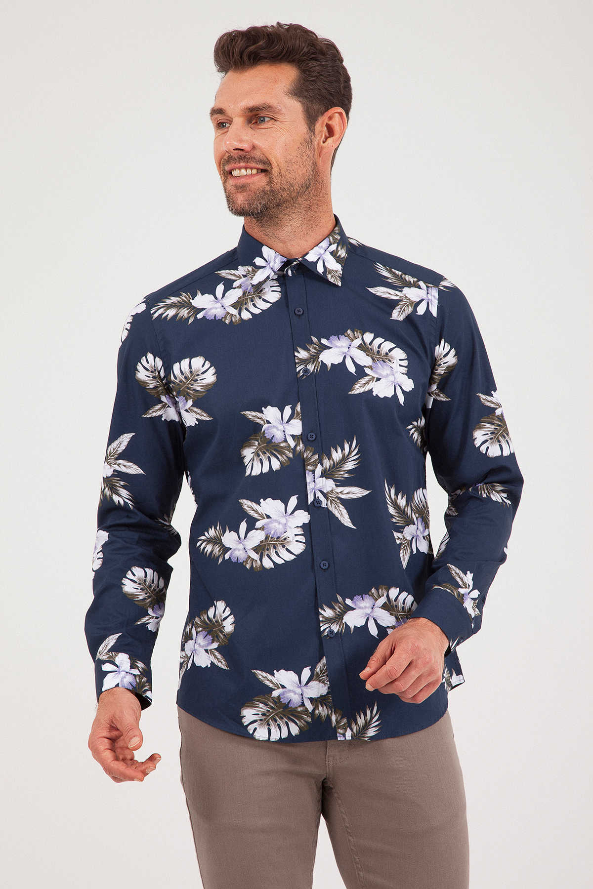 Slim Fit Long Sleeve 100% Cotton Floral Navy Casual Shirt