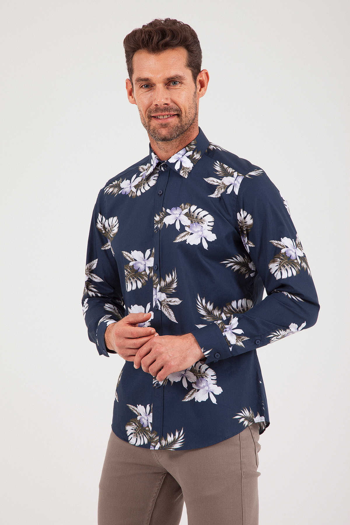 Slim Fit Long Sleeve 100% Cotton Floral Navy Casual Shirt