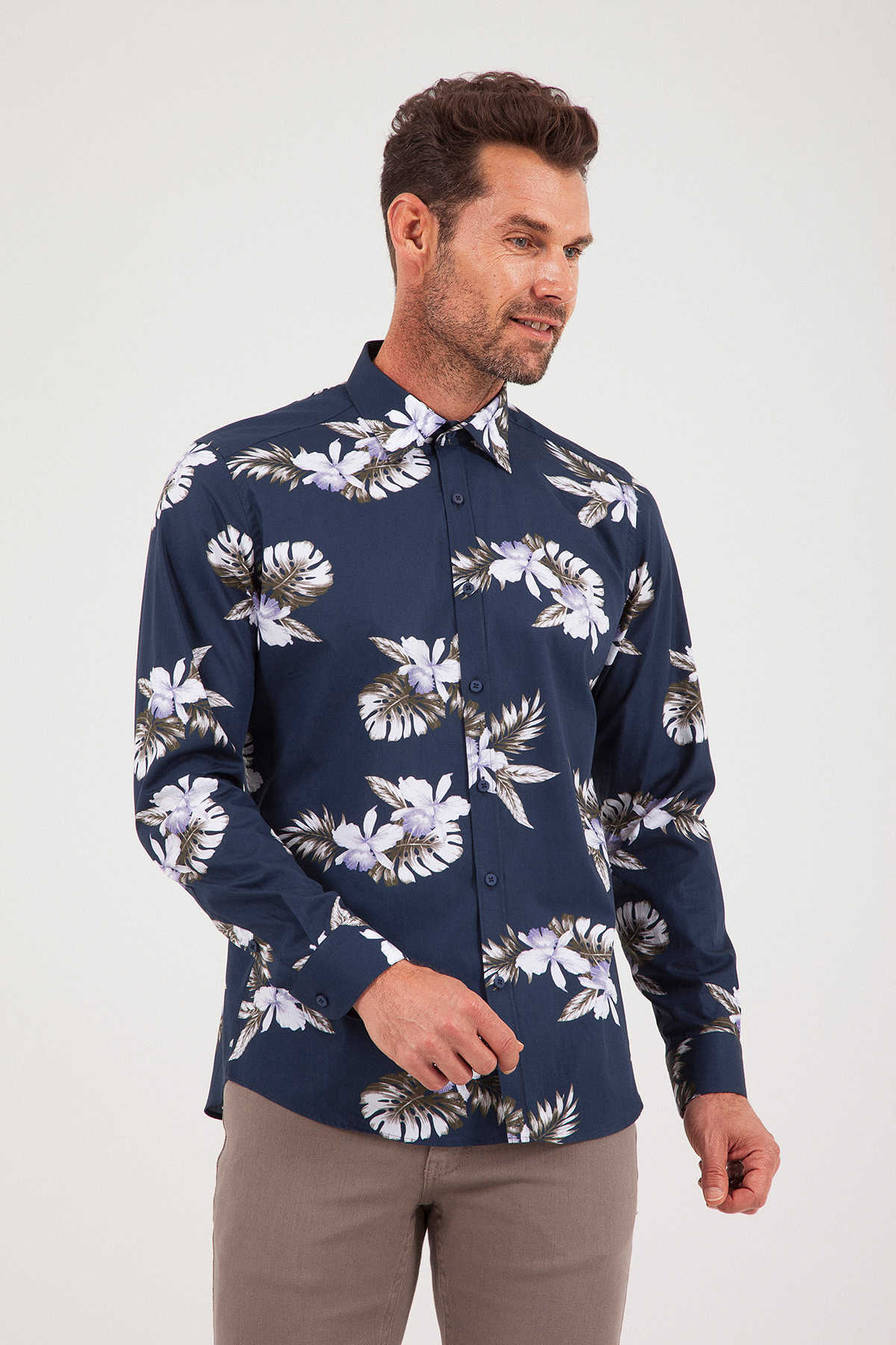 Slim Fit Long Sleeve 100% Cotton Floral Navy Casual Shirt