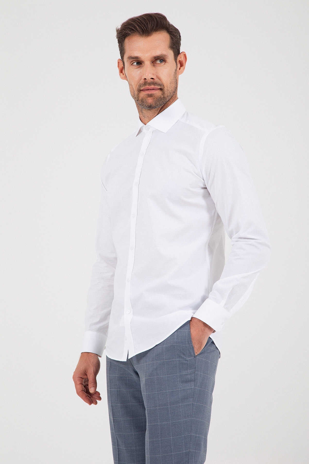 Slim Fit Long Sleeve 100% Cotton White Dress Shirt - MIB