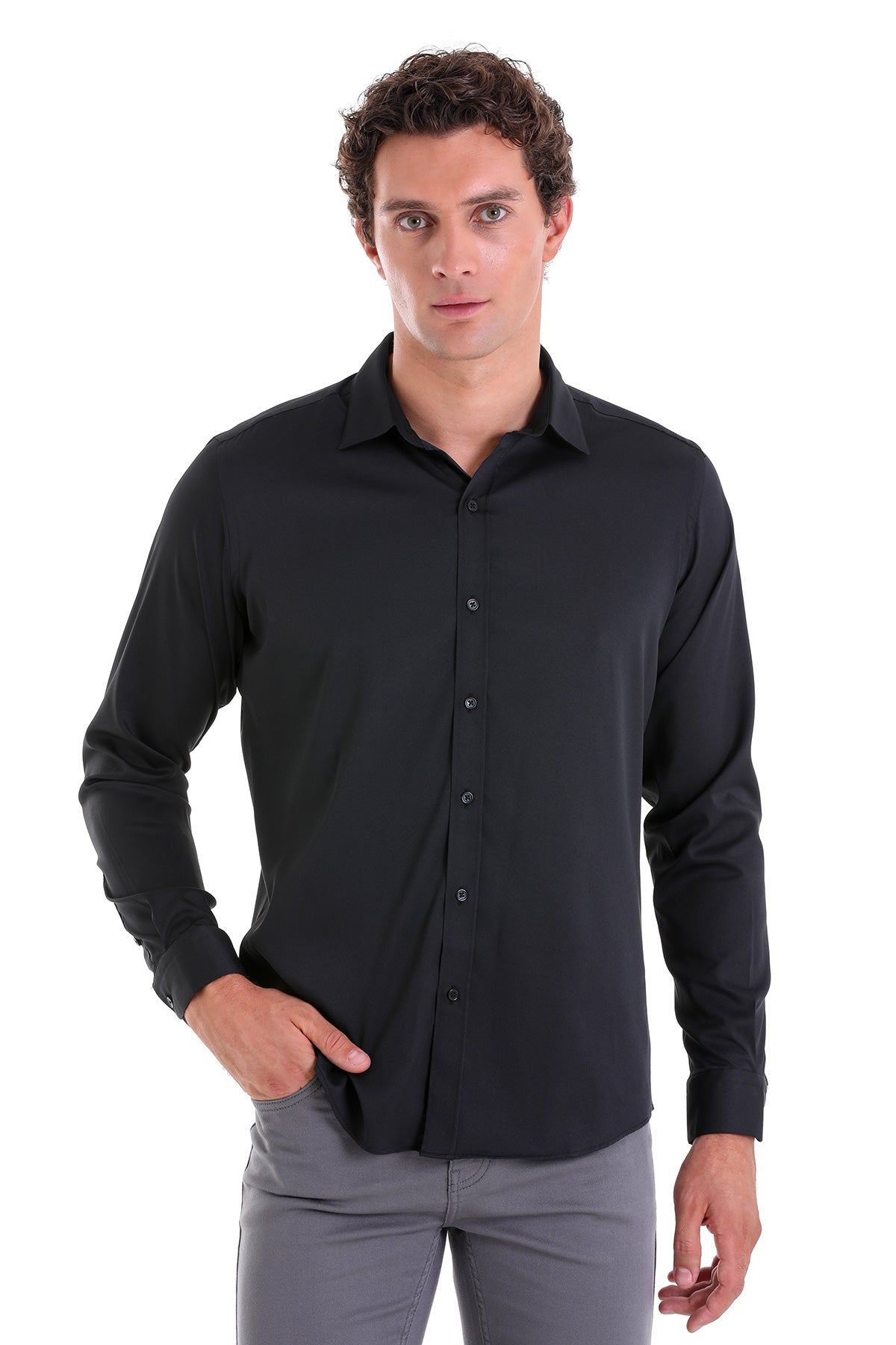 Slim Fit Long Sleeve Black Casual Shirt - MIB